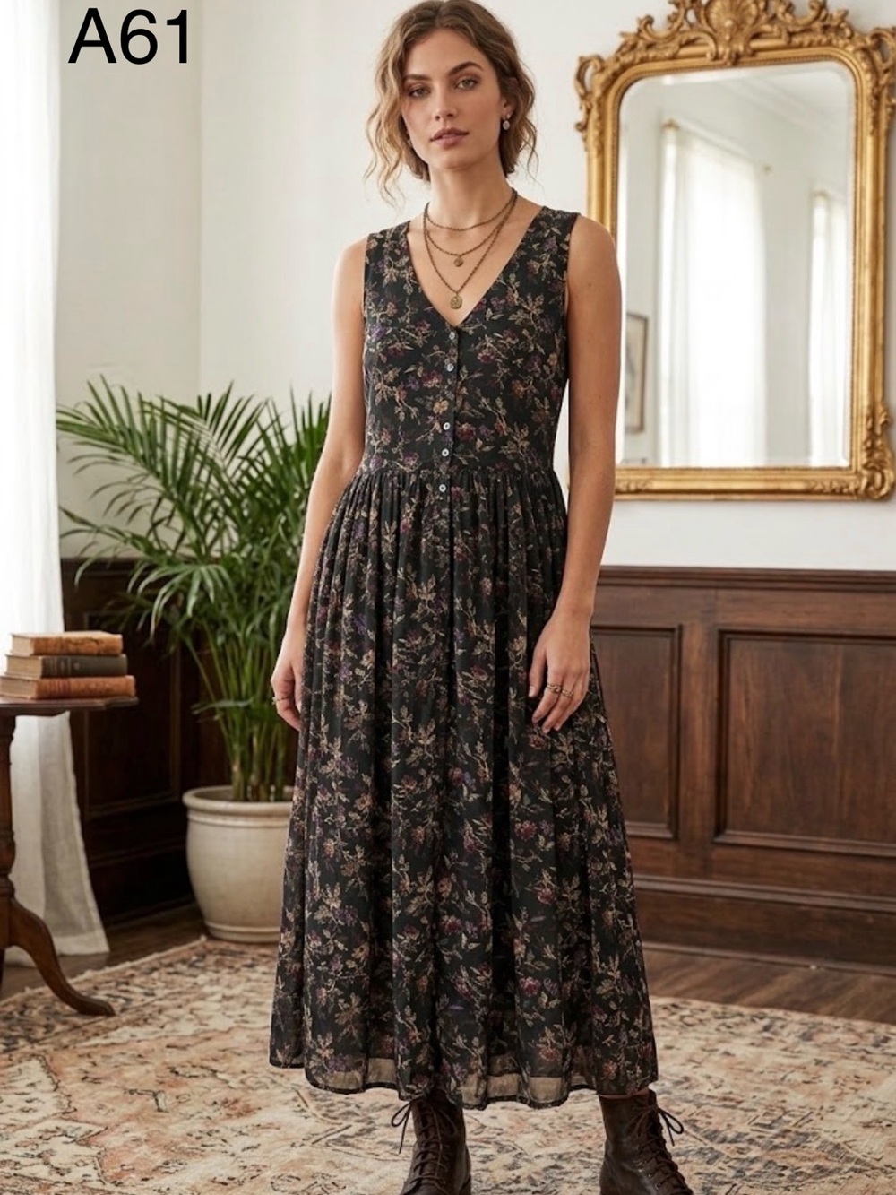 S.Roberts Sleeveless V-Neck Floral Mid Dress in Dark Floral,Size Small